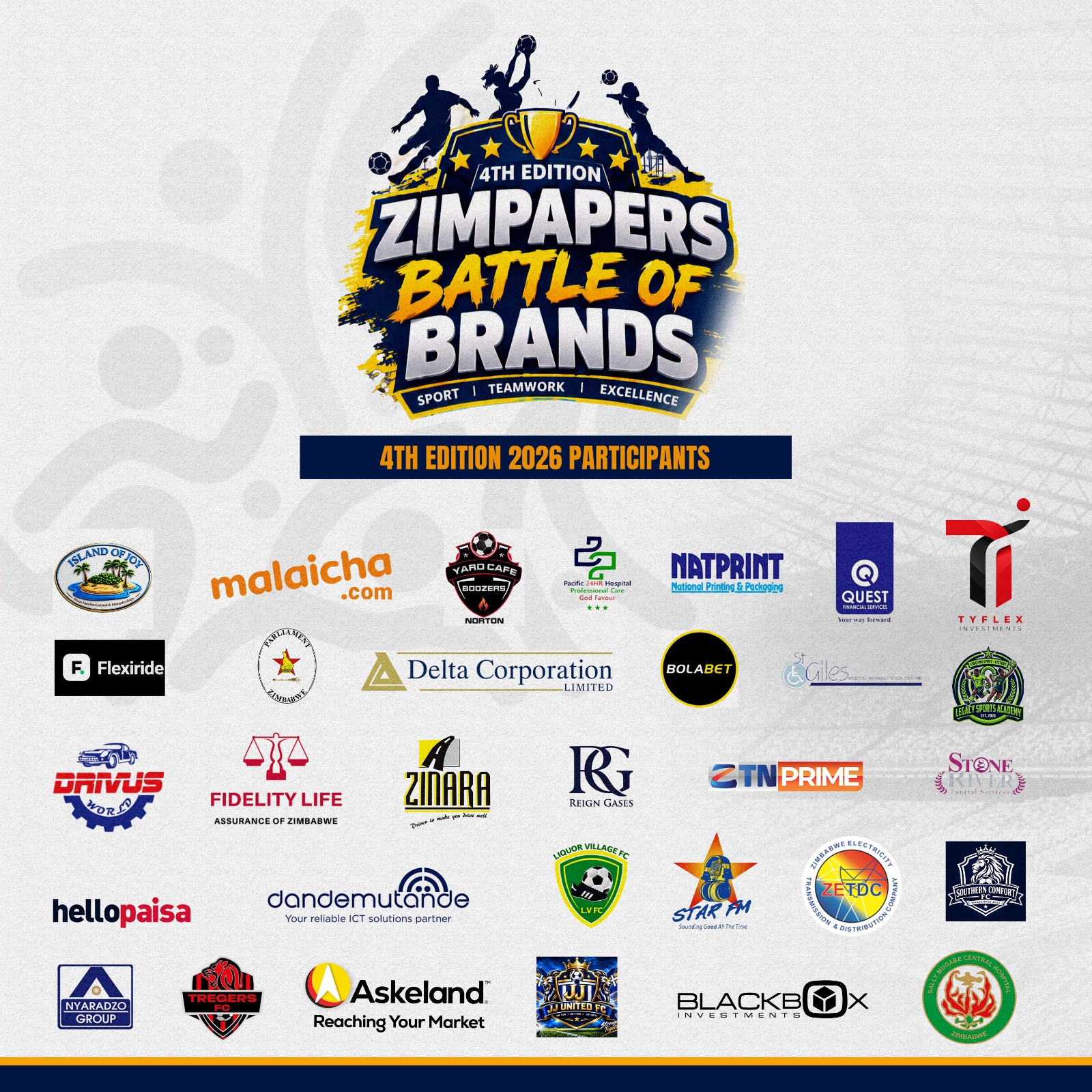 Zimpapers Battle of Brands 4th Edition 2026 banner listing all participating company teams, including Tyflex Investments